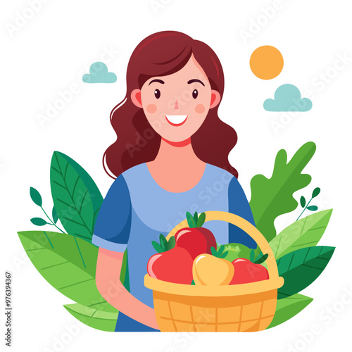  happy woman with healthy vegetables and fruits