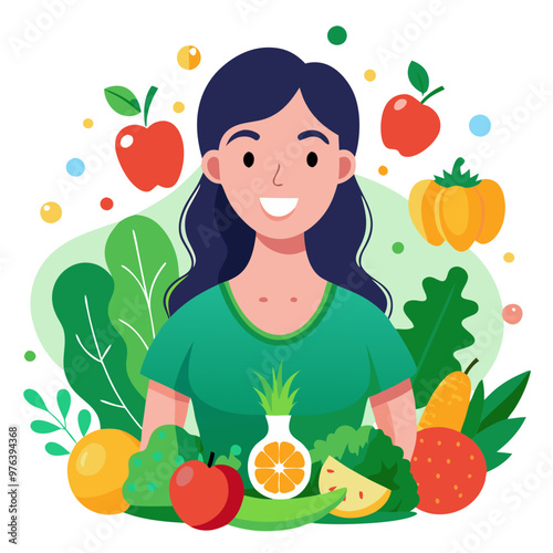  happy woman with healthy vegetables and fruits