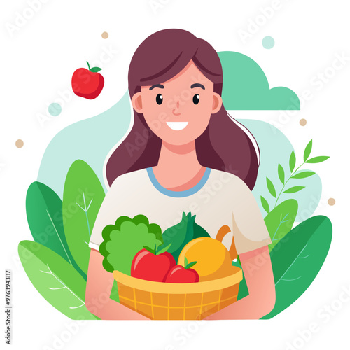  happy woman with healthy vegetables and fruits