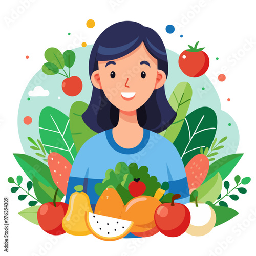  happy woman with healthy vegetables and fruits