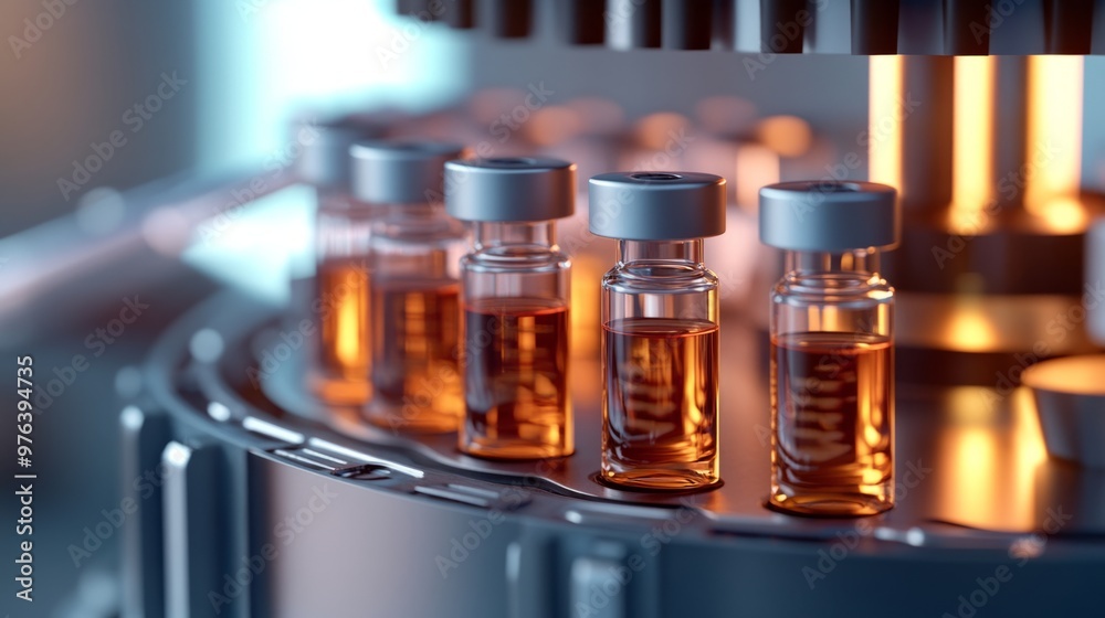 Vials of pharmaceutical products on a production line in a modern laboratory Vials of pharmaceutical products on a production line in a modern laboratory