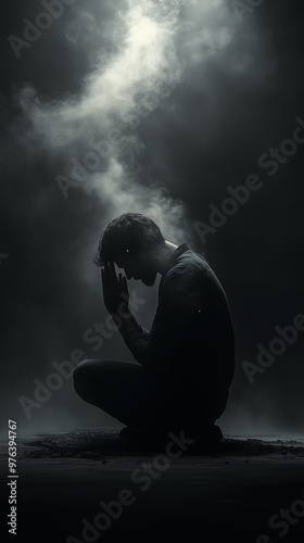 Man praying against a dark background while smoke start to illuminate him