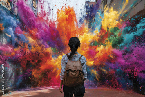 Young girl looking into a colorful blast of smoke