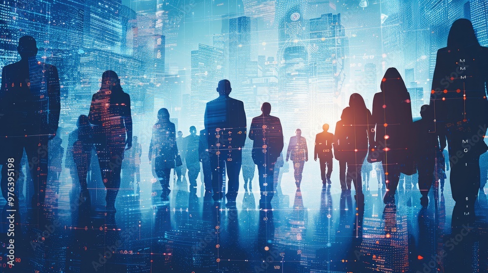 A group of business people standing in front of a digital technology background, silhouette illustration, in a blue color tone. Generative AI. A group of business people standing in front of a digital technology background, silhouette illustration, in a blue color tone. Generative AI.