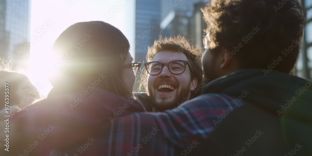 A group of friends embraces and shares laughter in an urban setting, capturing joy, camaraderie, and the warmth of friendship in the midst of a bustling city environment. A group of friends embraces and shares laughter in an urban setting, capturing joy, camaraderie, and the warmth of friendship in the midst of a bustling city environment.
