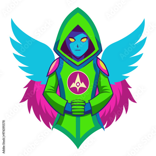 winged angel in hooded tunic, military patch