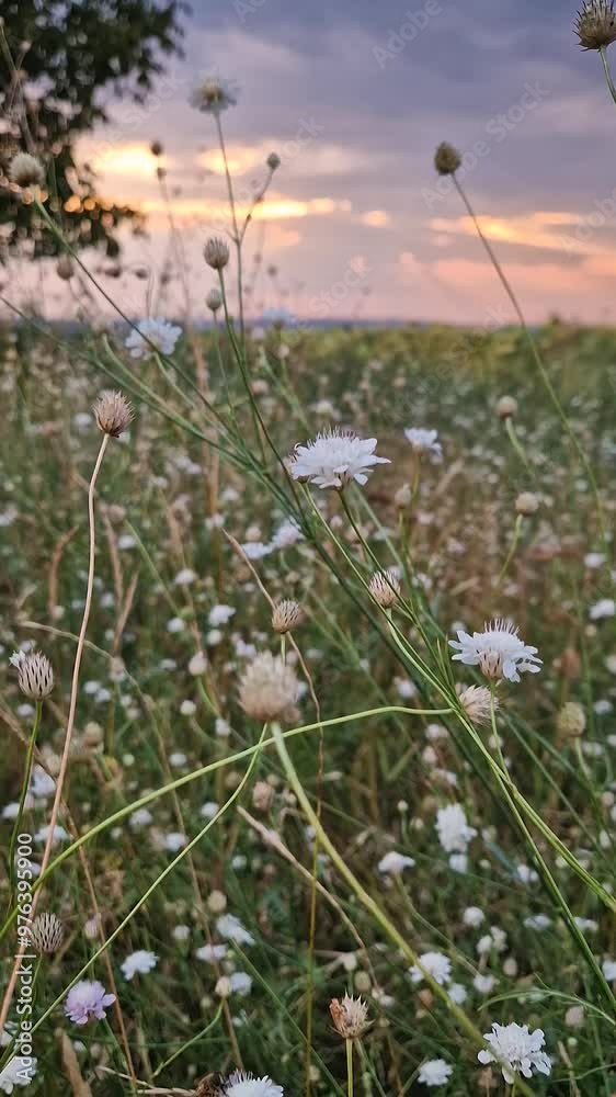 Field scabious (Knautia arvensis) flowers blooming in the in the steppe nature. Tiny white wildflowers closeup with a view to the summer sunset above the meadow Field scabious (Knautia arvensis) flowers blooming in the in the steppe nature. Tiny white wildflowers closeup with a view to the summer sunset above the meadow