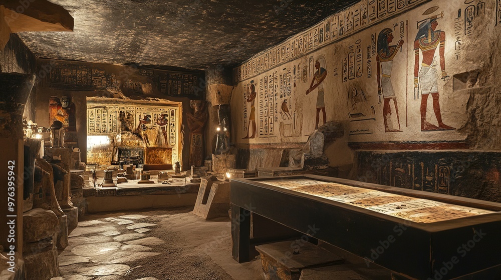 Archaeological site with Egyptian hieroglyphics and artifacts on ...