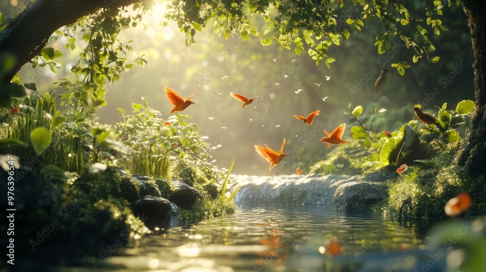 A tranquil forest scene with birds flying over the water. Serene paradise nature background A tranquil forest scene with birds flying over the water. Serene paradise nature background