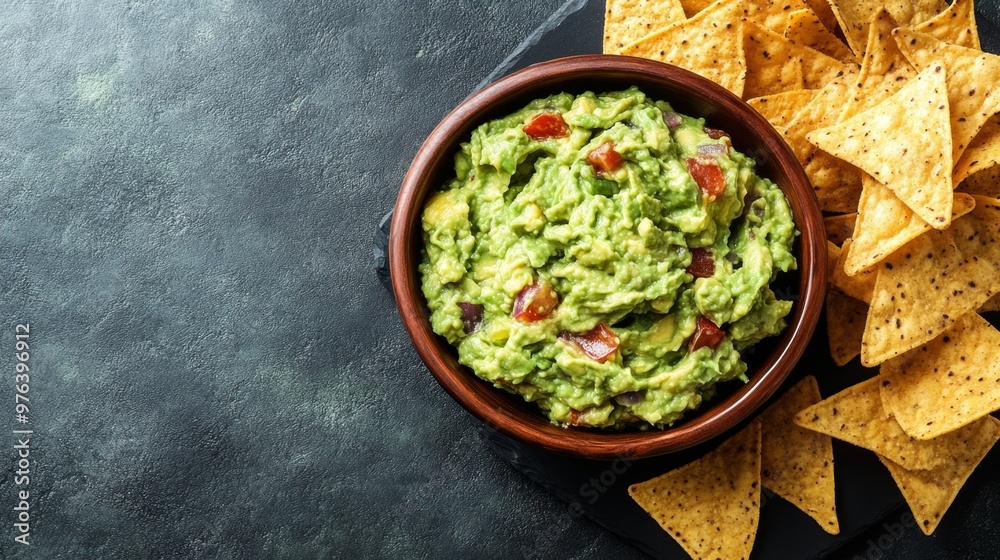 A high-quality AI-generated stock image of a bowl of vibrant green guacamole with tortilla chips on the right side, leaving space on the left for text. Perfect for food, snack, and party content. A high-quality AI-generated stock image of a bowl of vibrant green guacamole with tortilla chips on the right side, leaving space on the left for text. Perfect for food, snack, and party content.