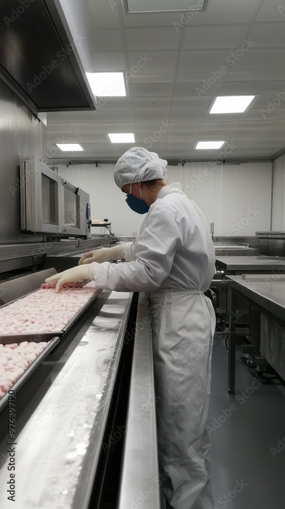 A hygiene worker checks food on a production line for safety and quality standards