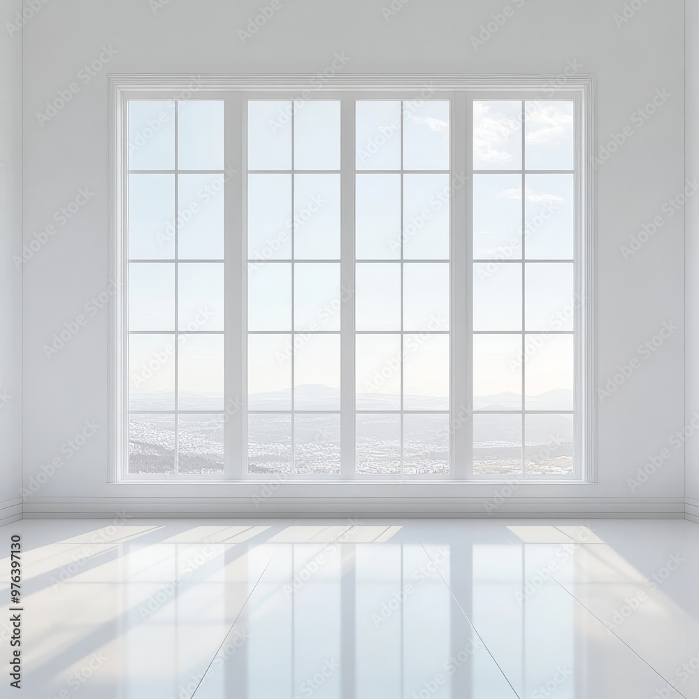 White room with a large window overlooking the sea. 3d rendering White room with a large window overlooking the sea. 3d rendering