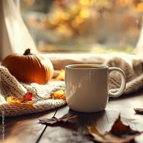 Cozy autumn morning with warm coffee in a white mug, surrounded by fall leaves and a pumpkin on a wooden table