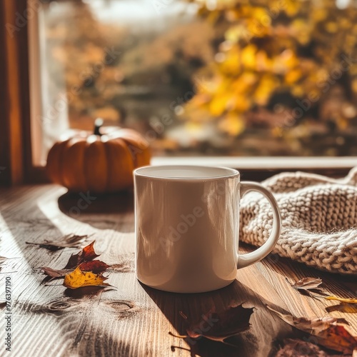A cozy autumn morning with a warm drink and fall leaves near a window