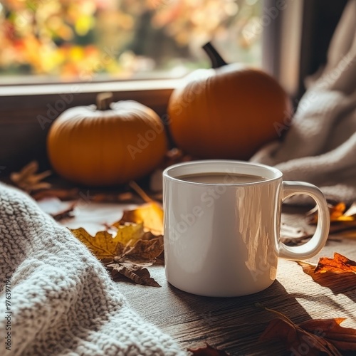 Cozy autumn morning with a steaming mug of coffee beside pumpkins and colorful leaves on a rustic wooden table