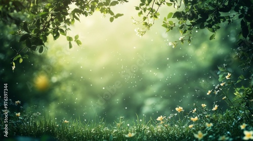 Beautiful nature background with green grass, trees, and flowers. Free space for text or product display