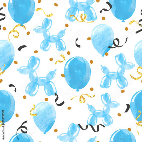 Blue watercolor balloons seamless pattern. Vector party illustration. Celebration background