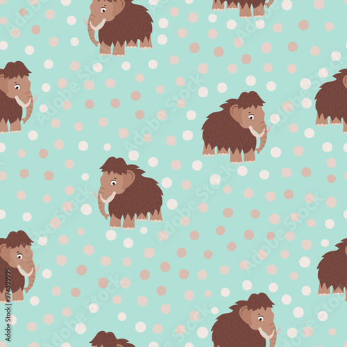 Cute little mammoth seamless pattern. Vector animals illustration