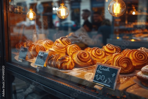 A bakery display case with a sign that says 