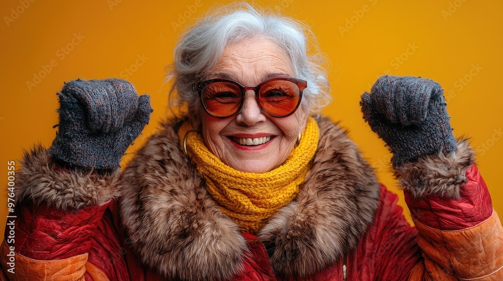 Funny old person portraits. 80s style outfit. Dab dance on colored backgrounds. Concept about seniority and old people Funny old person portraits. 80s style outfit. Dab dance on colored backgrounds. Concept about seniority and old people