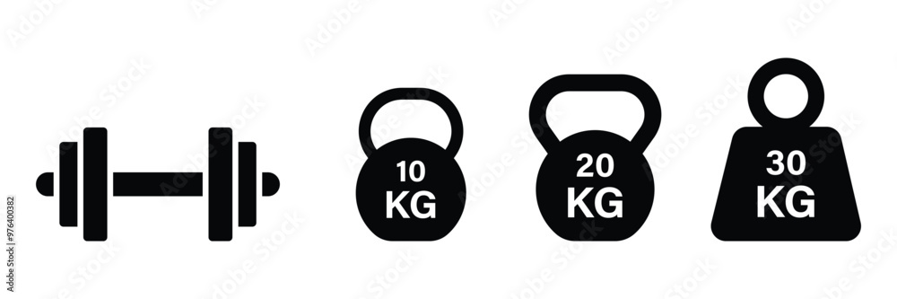 © Graphic Studio15 - Set of training equipment dumbbell icon collection. Kettlebell, heavy, Kg bell dumbbell symbol. Vector illustration.