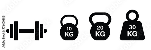 Set of training equipment dumbbell icon collection. Kettlebell, heavy, Kg bell dumbbell symbol. Vector illustration.