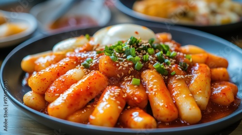 Tteokbokki with Gochujang Sauce, Fish Cakes, and Sesame Seeds photo