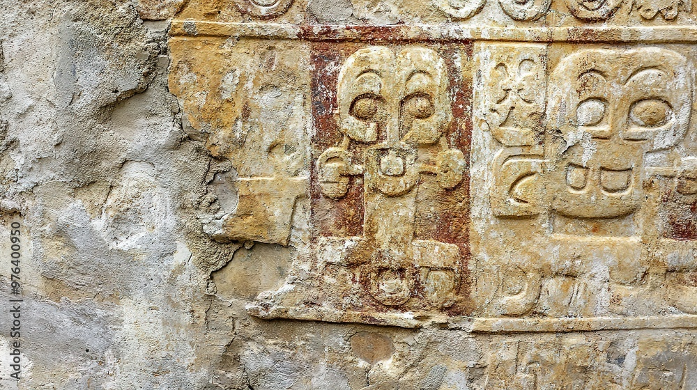 Ancient stone wall with intricate carvings of deities and mythological figures Ancient stone wall with intricate carvings of deities and mythological figures