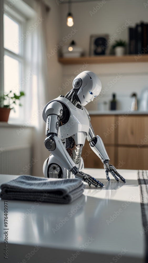 A sleek humanoid robot designed for home assistance is shown in a futuristic home A sleek humanoid robot designed for home assistance is shown in a futuristic home