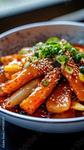 Tteokbokki with Gochujang Sauce, Fish Cakes, and Sesame Seeds photo