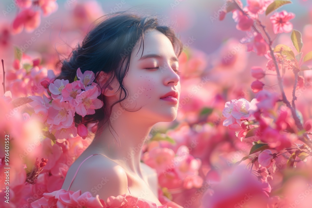 An enchanting moment in a blooming apple orchard during springtime bliss