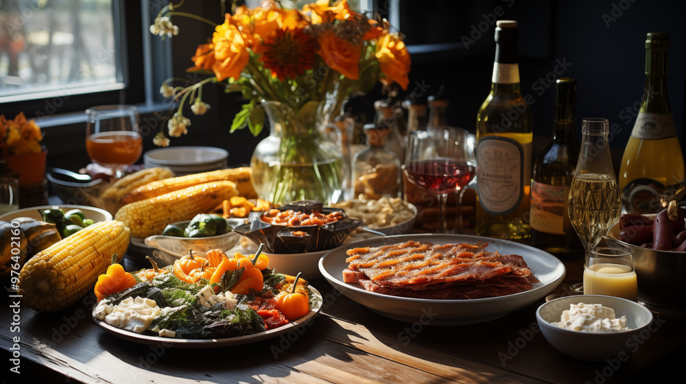 A top-down view of a beautifully set Thanksgiving table, featuring food and beverage A top-down view of a beautifully set Thanksgiving table, featuring food and beverage