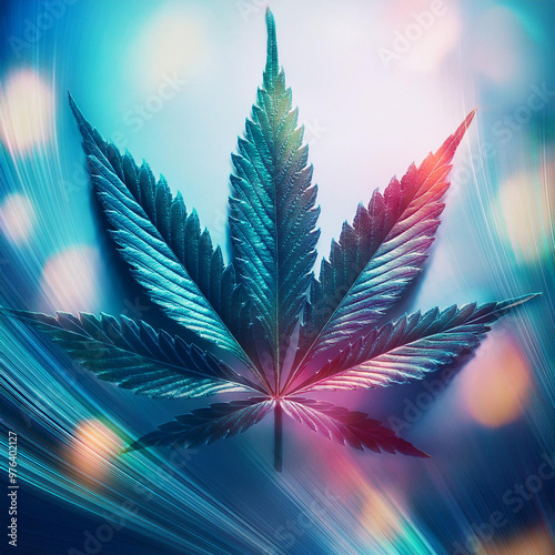 A cannabis leaf on a blurred blue background photo