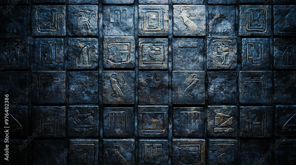 Ancient stone wall featuring rows of hieroglyphic symbols Ancient stone wall featuring rows of hieroglyphic symbols