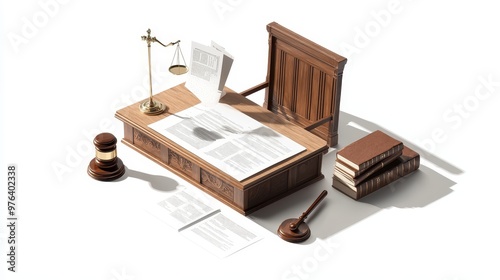 The courtroom features a judge's bench, legal documents, and a gavel for proceedings