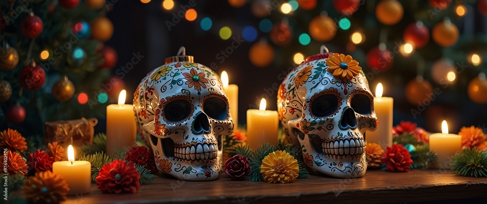 Day of the Dead Still Life: Two ornate sugar skulls stand illuminated by flickering candlelight, surrounded by marigold flowers and festive Christmas lights, creating a captivating and vibrant display Day of the Dead Still Life: Two ornate sugar skulls stand illuminated by flickering candlelight, surrounded by marigold flowers and festive Christmas lights, creating a captivating and vibrant display