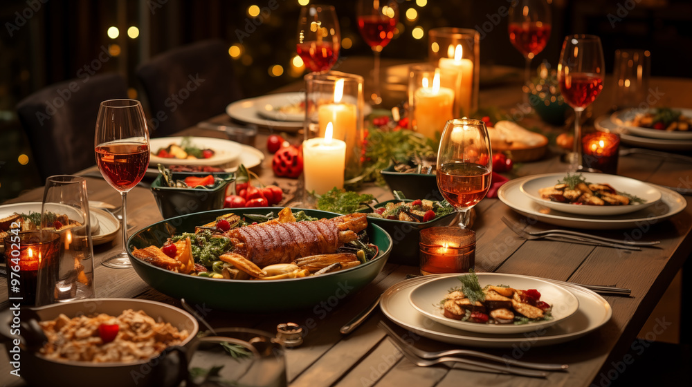 A top-down view of a beautifully set Christmas Eve table, featuring food and beverage A top-down view of a beautifully set Christmas Eve table, featuring food and beverage