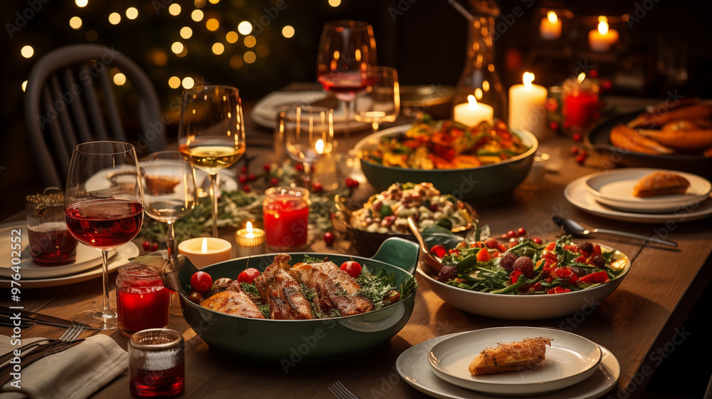 A top-down view of a beautifully set Christmas Eve table, featuring food and beverage A top-down view of a beautifully set Christmas Eve table, featuring food and beverage