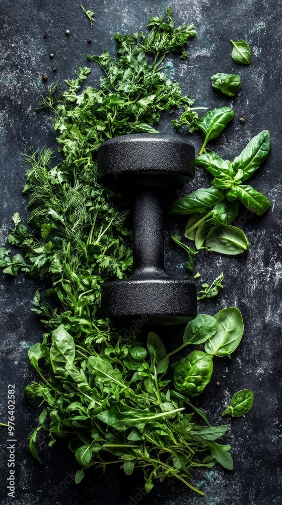 Dumbbell surrounded by fresh green herbs on dark background, fitness and healthy lifestyle concept Dumbbell surrounded by fresh green herbs on dark background, fitness and healthy lifestyle concept