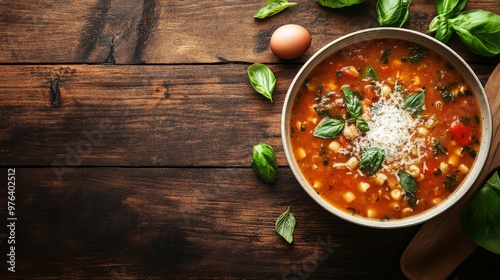 A bowl of delicious minestrone soup topped with Parmesan cheese on the right side, leaving space on the left for text. Ideal for menus, recipe cards, and culinary content.