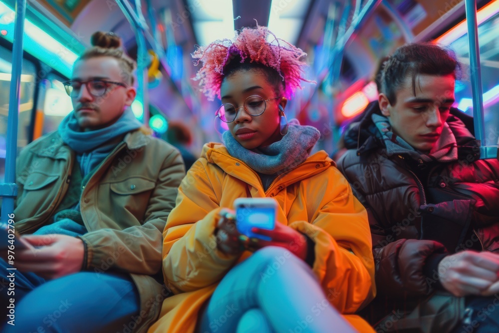 People immersed in their devices while riding the subway in vibrant evening lights People immersed in their devices while riding the subway in vibrant evening lights