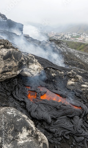 Lava Flow: Captivating view of molten lava emerging from volcanic eruption, revealing dynamic, destructive beauty of a volcano's fiery outpouring, impact on surrounding terrain