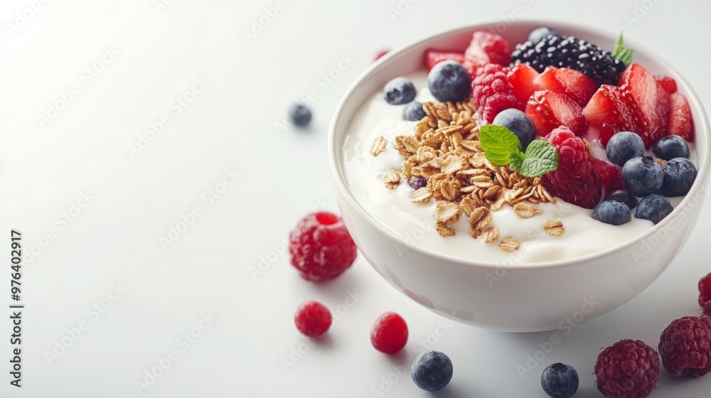A bowl of creamy yogurt topped with granola and fresh fruits on the right side, leaving space on the left for text. Perfect for breakfast menus, health blogs, and food advertising. A bowl of creamy yogurt topped with granola and fresh fruits on the right side, leaving space on the left for text. Perfect for breakfast menus, health blogs, and food advertising.