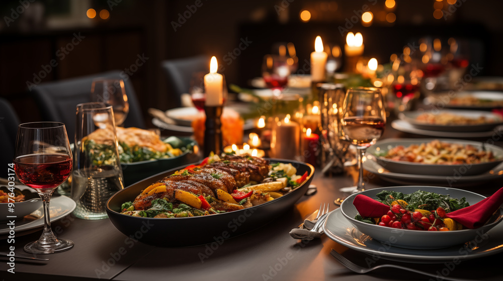 A top-down view of a beautifully set Christmas Eve table, featuring food and beverage A top-down view of a beautifully set Christmas Eve table, featuring food and beverage