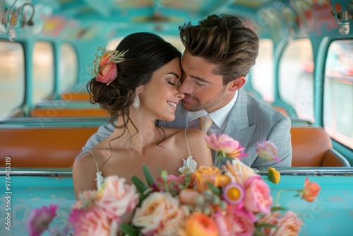 A couple sharing a tender moment on their wedding vow renewal during a vibrant bus ride