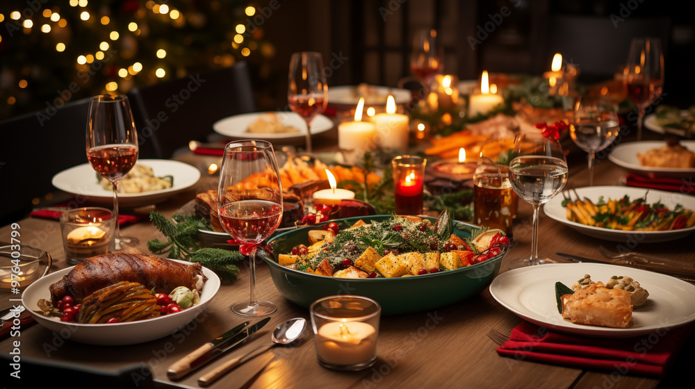 A top-down view of a beautifully set Thanksgiving table, featuring food and beverage A top-down view of a beautifully set Thanksgiving table, featuring food and beverage
