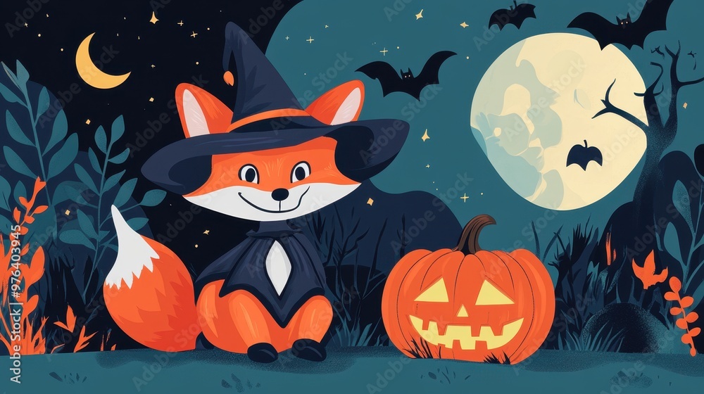 Fototapeta premium A Cartoon Fox Wearing a Witch Hat and a Jack-o'-lantern in a Night Forest