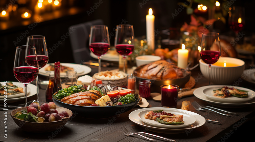 A top-down view of a beautifully set Thanksgiving table, featuring food and beverage A top-down view of a beautifully set Thanksgiving table, featuring food and beverage