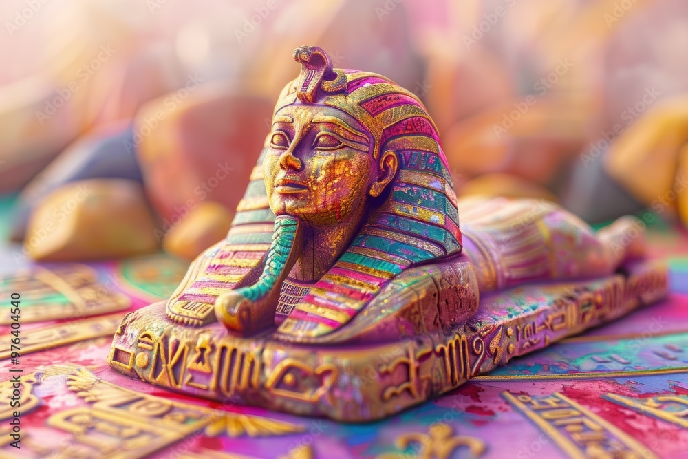 Obraz premium Exploring ancient hieroglyphs alongside a vividly crafted sphinx from a lost civilization