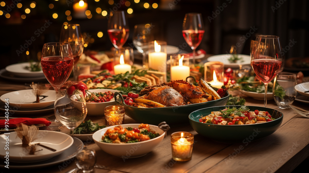 A top-down view of a beautifully set Christmas Eve table, featuring food and beverage A top-down view of a beautifully set Christmas Eve table, featuring food and beverage